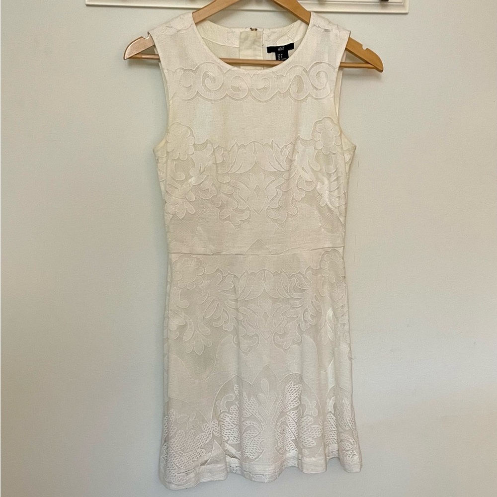 H&M Cream Sheath Mini Dress Sleeveless Crew Neck for Wedding Guest